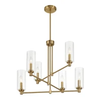 Timeless Six-Light Chandelier with Clear Ribbed Glass, Satin Brass Finish, 24" L x 24" W x 22.5" H, Antique Brass+Clear(m-5)