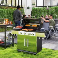 Outsunny 4+1 Burner Liquid Propane Gas Grill Outdoor Portable BBQ with Side Burner, Warming Rack, Side Shelf, Storage Cabinet, Thermometer, 4 Wheels, Tank Holder, Silver(m-1)