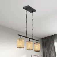 Three-Light Island Ceiling Lamp with Rattan Shade, Farmhouse Chain Design, Ideal for Dining Room, Kitchen, 28" L x 5" W x 10" H, Black(m-4)
