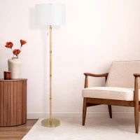Stellar Floor Lamp with Wood Rattan Tube, White Linen Shade, Stylish Design, 15" L x 15" W x 61.5" H, Natural+White(m-1)