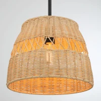 Farmhouse Style Single Light Pendant with Rattan Shade, Black Metal Finish, Ideal for Homer Decor, 12" L x 12" W x 10" H, Black(m-7)