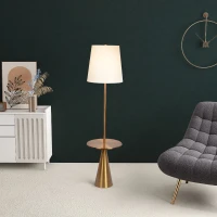 Celestial Modern Floor Lamp with Brass Accent Table, Large White Shade, 17" L x 17" W x 70" H, Gold+White(m-4)