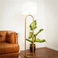 Vivid Brass Ring Base Floor Lamp with Large White Drum Shade, Elegant Design, 17" L x 17" W x 60" H, Antique Brass+White(m-5)