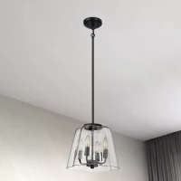 Modern Four Candle Lights Pendant with Sleek Black Finish, Clear Glass Shade, Ideal for Living Room, Bedroom, 13" L x 13" W x 11" H, Black+Clear