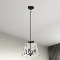 Modern Four Candle Lights Pendant with Sleek Black Finish, Clear Glass Shade, Ideal for Living Room, Bedroom, 13" L x 13" W x 11" H, Black+Clear(m-1)