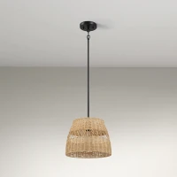 Farmhouse Style Single Light Pendant with Rattan Shade, Black Metal Finish, Ideal for Homer Decor, 12" L x 12" W x 10" H, Black(m-6)