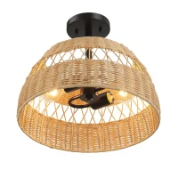 Twinkle Double Lights Semi Flush with Rattan Shade, Black Metal Finish, Farmhouse Style, 15" L x 15" W x 12.5" H, Black+Rattan(m-5)