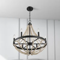 Starry Wood Chandelier with Farmhouse Six Candle Light Pendant, Wood Beads, Perfect for Dining Room, 22" L x 22" W x 25.5" H, Black+Clear(m-5)