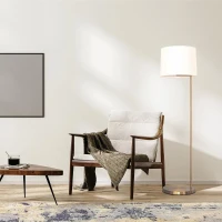 Zenith Offset Brass Base Floor Lamp with Drum-Shaped Linen Shade, Elegant Living Room Lighting, 16" L x 16" W x 61" H, Gold+White(m-4)