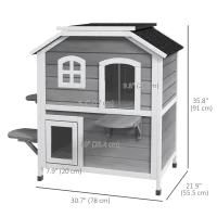 PawHut 2-Storey Outdoor Cat House, Wooden Catio with Openable Roof, Lounge Space, Fun Entrances, for Feral Cats, Grey(m-3)