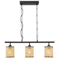 Three-Light Island Ceiling Lamp with Rattan Shade, Farmhouse Chain Design, Ideal for Dining Room, Kitchen, 28" L x 5" W x 10" H, Black