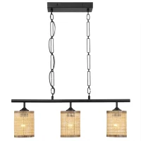 Three-Light Island Ceiling Lamp with Rattan Shade, Farmhouse Chain Design, Ideal for Dining Room, Kitchen, 28" L x 5" W x 10" H, Black(m-2)