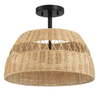Twinkle Double Lights Semi Flush with Rattan Shade, Black Metal Finish, Farmhouse Style, 15" L x 15" W x 12.5" H, Black+Rattan(m-4)