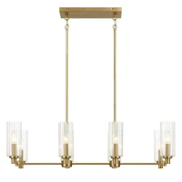 Willow 8-Light Island Pendant Lamp with Clear Ribbed Glass, Satin Brass Finish, 36" L x 15" W x 9" H, Antique Brass+Clear(m-4)