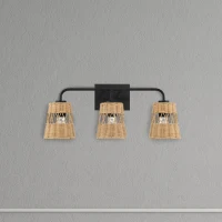 Stylish Three-Light Wall Sconce with Rattan Shade, Metal Finish, Bathroom Lighting Fixture Over Mirror, 6.5" L x 22.5" W x 9.5" H, Black(m-5)