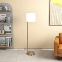 Zenith Offset Brass Base Floor Lamp with Drum-Shaped Linen Shade, Elegant Living Room Lighting, 16" L x 16" W x 61" H, Gold+White(m-1)