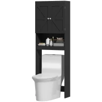 HOMCOM Over The Toilet Cabinet, Modern Bathroom Above Toilet Storage with Barn Doors and Open Shelf, Black(m-2)