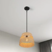 Farmhouse Style Single Light Pendant with Rattan Shade, Black Metal Finish, Ideal for Homer Decor, 12" L x 12" W x 10" H, Black(m-5)