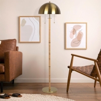 Allure 2-Light Floor Lamp with Double On/Off Pull Chain, Elegant Gold Brass and Natural Rattan Tube, 14" L x 14" W x 57.5" H, Gold