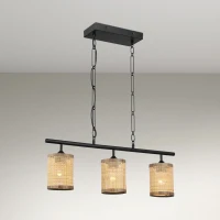 Three-Light Island Ceiling Lamp with Rattan Shade, Farmhouse Chain Design, Ideal for Dining Room, Kitchen, 28" L x 5" W x 10" H, Black(m-1)