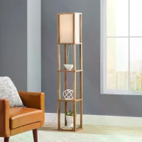 Pinnacle Shelf Floor Lamp with Built-in Shelves, Natural Wood and Long Shade, 10" L x 10" W x 62" H, Natural+White(m-1)