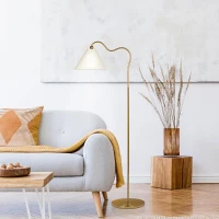 Majestic Brass Ring Base Curved Floor Lamp with Triangle Drum Shade, Elegant Design,19" L x 12" W x 60" H, Gold+White(m-1)