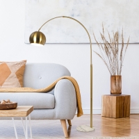 Oasis Long Arm Adjustable Floor Lamp with Round Marble Base, Brass Construction, 38" L x 11" W x 69" H, Gold+White