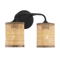 Double Light Vanity Wall Lamp with Natural Rattan Shade, Metal Construction, Ideal for Bathroom Decor, 7" L x 10" W x 12.5" H, Black(m-7)