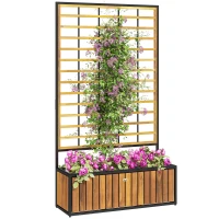 Outsunny Wooden Raised Garden Bed with Trellis, Removable Pots for Backyard, Patio, Balcony, 29" x 11" x 52", Teak(m-11)