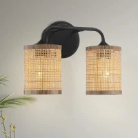 Double Light Vanity Wall Lamp with Natural Rattan Shade, Metal Construction, Ideal for Bathroom Decor, 7" L x 10" W x 12.5" H, Black(m-1)