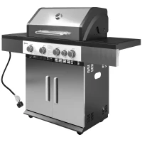 Outsunny 4+1 Burner Liquid Propane Gas Grill Outdoor Portable BBQ with Side Burner, Warming Rack, Side Shelf, Storage Cabinet, Thermometer, 4 Wheels, Tank Holder, Silver(m-2)