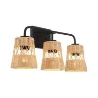 Stylish Three-Light Wall Sconce with Rattan Shade, Metal Finish, Bathroom Lighting Fixture Over Mirror, 6.5" L x 22.5" W x 9.5" H, Black(m-8)