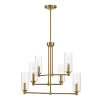 Timeless Six-Light Chandelier with Clear Ribbed Glass, Satin Brass Finish, 24" L x 24" W x 22.5" H, Antique Brass+Clear(m-4)