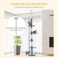 PawHut 8.5ft Cat Climbing Tree 5-Tier Cat Activity Center Floor-to-Ceiling Cat Climber Toy with Scratching Post Play Rest Post Pet Furniture Grey(m-5)