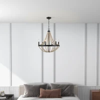 Starry Wood Chandelier with Farmhouse Six Candle Light Pendant, Wood Beads, Perfect for Dining Room, 22" L x 22" W x 25.5" H, Black+Clear(m-4)