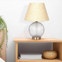 Round Ribbed Glass Table Lamp with Large Linen Shade, E26 Rotary Switch, Ideal for Living Room, Study, 12" L x 12" W x 17" H, Clear+Natural(m-1)