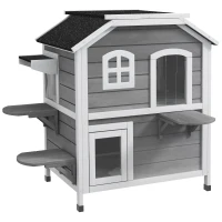 PawHut 2-story Cat House Outdoor, Weatherproof Wooden Cat Enclosure for Feral Cats with Escape Door, Openable Roof, Jumping Platforms, Gray(m-12)