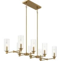 Willow 8-Light Island Pendant Lamp with Clear Ribbed Glass, Satin Brass Finish, 36" L x 15" W x 9" H, Antique Brass+Clear(m-5)