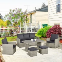 Outsunny 6 PCS Rattan Outdoor Dining Set Patio Dining Table and Chair Set with Plastic Wood Top Dining Table, Cushions, Grey(m-11)