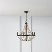 Starry Wood Chandelier with Farmhouse Six Candle Light Pendant, Wood Beads, Perfect for Dining Room, 22" L x 22" W x 25.5" H, Black+Clear(m-1)