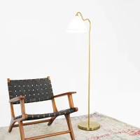 Majestic Brass Ring Base Curved Floor Lamp with Triangle Drum Shade, Elegant Design,19" L x 12" W x 60" H, Gold+White(m-5)