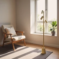 Lumina Brassed Floor Lamp with Rotary Switch, Triple Spotlights, Metal Cone Base, 15" L x 15" W x 63" H, Gold(m-1)