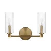 Regal Double Light Vanity with Clear Ribbed Glass, Satin Brass Finish, 15" L x 5" W x 10" H, Antique Brass+Clear