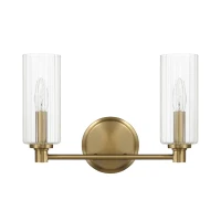Regal Double Light Vanity with Clear Ribbed Glass, Satin Brass Finish, 15" L x 5" W x 10" H, Antique Brass+Clear(m-2)