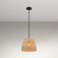 Farmhouse Style Single Light Pendant with Rattan Shade, Black Metal Finish, Ideal for Homer Decor, 12" L x 12" W x 10" H, Black