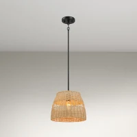 Farmhouse Style Single Light Pendant with Rattan Shade, Black Metal Finish, Ideal for Homer Decor, 12" L x 12" W x 10" H, Black(m-1)