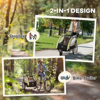 Aosom 2 Seat Bike Trailer for Kids 2-in-1 Double Baby Jogging Stroller with Handbrake, Rubber Wheels, 5 Point Harness, Waterproof Cover, Storage Bag, Reflectors, Yellow(m-4)