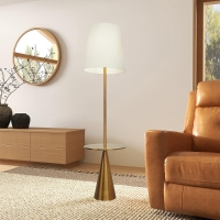 Celestial Modern Floor Lamp with Brass Accent Table, Large White Shade, 17" L x 17" W x 70" H, Gold+White