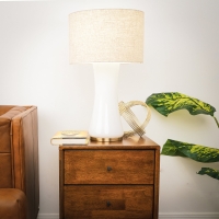 Cascade Glass Table Lamp with Golden Base, Off-White Glass Shade, Elegant Design, 14" L x 14" W x 24.5" H, Gold+White