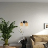 Double Light Vanity Wall Lamp with Natural Rattan Shade, Metal Construction, Ideal for Bathroom Decor, 7" L x 10" W x 12.5" H, Black(m-4)